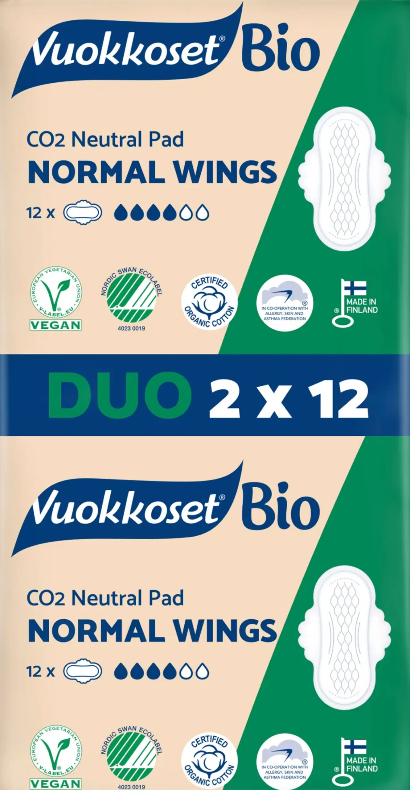 Vuokkoset Kuukautiset Ja Intiimihygienia<Bio 2x12 kpl Normal Wings ohutside
